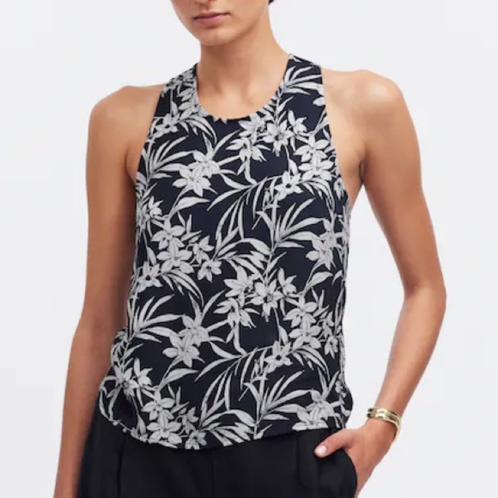 Madewell Crisscross-Back Sleeveless Top in Floral Cupro-Blend Deep Indigo NWOT